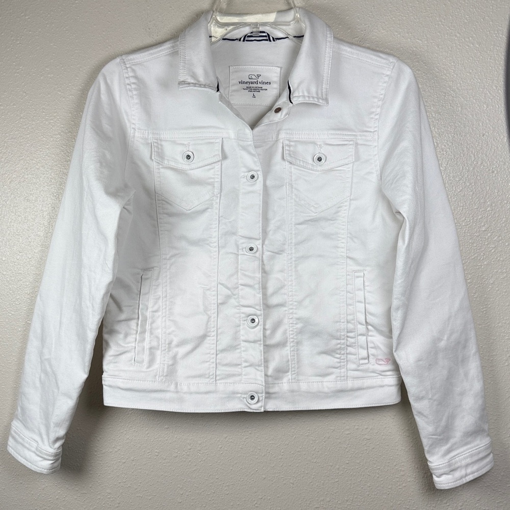 Vineyard Vines Denim Jacket Girls L/14 White Cap Stretch Pockets Classic‎ Preppy